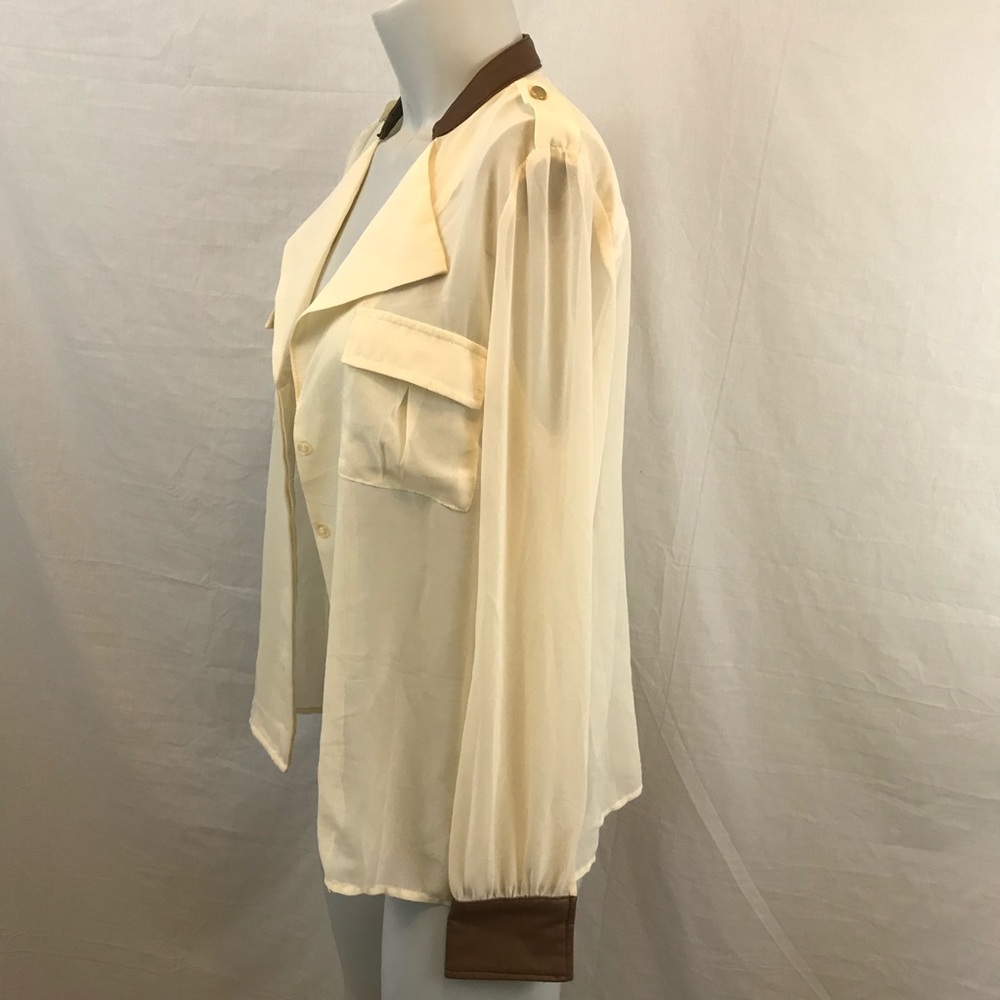 Cream Chiffon Sheer Leather Trim Top - Picture 5 of 7